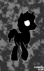 Size: 562x900 | Tagged: safe, artist:arcanetesla, derpibooru exclusive, oc, oc only, oc:arcane tesla, pony, unicorn, bedroom eyes, beholder(game), crossover, digital art, glowing eyes, gradient background, gray background, looking at you, male, missing cutie mark, monochrome, raised hoof, sad, silhouette, simple background, solo, stallion, vector, video game crossover, white eyes, worried