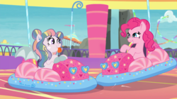 Size: 1920x1080 | Tagged: safe, artist:rem-ains, pinkie pie, oc, bat pony, g4, bumper cars, female, mare, tongue out