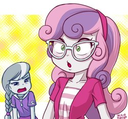 Size: 800x747 | Tagged: safe, artist:uotapo, silver spoon, sweetie belle, human, equestria girls, g4, accessory theft, can't see shit, clothes, cute, female, glasses, hairband, jewelry, meganekko, necklace, shirt, skirt, spoon, squint