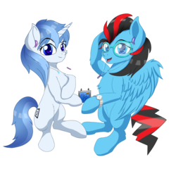 Size: 2000x2000 | Tagged: safe, artist:sinly, oc, oc only, oc:da dian qiu, oc:lan feng, pony, 2019 community collab, derpibooru community collaboration, chest fluff, earbuds, happy, high res, mp3 player, music, simple background, transparent background, watch, wings
