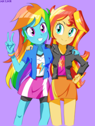 Size: 1200x1600 | Tagged: safe, artist:tastyrainbow, rainbow dash, sunset shimmer, equestria girls, g4, blushing, clothes, cute, happy, jacket, purple background, simple background