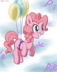 Size: 800x1000 | Tagged: safe, artist:tastyrainbow, pinkie pie, earth pony, pony, g4, balloon, cloud, cute, diapinkes, female, floating, flying, food, grin, happy, laughing, letter, mare, missing cutie mark, pi, pie, smiling, solo, squee, text, then watch her balloons lift her up to the sky, wide eyes