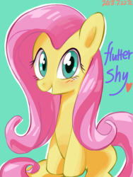 Size: 600x800 | Tagged: safe, artist:tastyrainbow, fluttershy, pony, g4, blushing, cute, female, green background, happy, heart, looking at you, shyabetes, simple background, sitting, solo