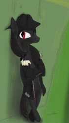 Size: 1080x1920 | Tagged: safe, artist:rafhedecat, oc, pony, black pony, clothes, coat, red eyes, thinkpad