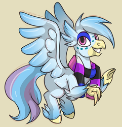 Size: 1642x1701 | Tagged: safe, artist:acluigiyoshi, oc, oc only, classical hippogriff, hippogriff, clothes, female, interspecies offspring, magical lesbian spawn, offspring, parent:gilda, parent:rainbow dash, parents:gildash, scarf, simple background, solo, tan background