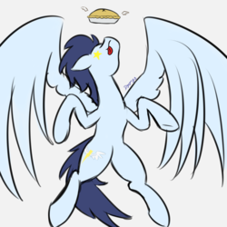 Size: 1181x1181 | Tagged: safe, artist:dyonys, soarin', g4, flying, food, large wings, pie, sketch, starry eyes, tongue out, wingding eyes, wings