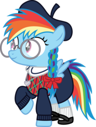 Size: 905x1200 | Tagged: safe, artist:cloudy glow, rainbow dash, pegasus, pony, g4, alternate hairstyle, american girls, beret, braid, clothes, cute, female, filly, filly rainbow dash, glasses, hat, mary janes, rainbow dash always dresses in style, shoes, simple background, skirt, socks, solo, sweater, transparent background, younger