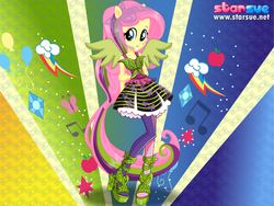 Size: 800x600 | Tagged: safe, artist:user15432, fluttershy, human, equestria girls, g4, my little pony equestria girls: rainbow rocks, clothes, dressup, high heels, humanized, leggings, ponied up, pony ears, rainbow hair, rainbow rocks outfit, rock and roll, rock star, shoes, solo, starsue, winged humanization, wings