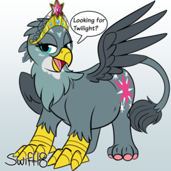 Size: 1500x1500 | Tagged: safe, artist:swiftsketchpone, gabby, twilight sparkle, griffon, g4, accessory theft, belly, big crown thingy, chubby, cutie mark tattoo, cutie mark theft, dialogue, fat, female, food chain, gabbypred, griffons doing griffon things, implied vore, jewelry, mythologically accurate, post-vore, predator, prey, preylight, regalia, solo, speech bubble, spread wings, stolen cutie marks, trait assimilation, vore, vore transformation
