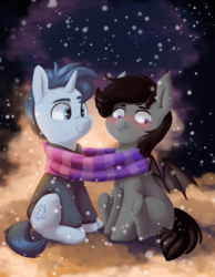 Size: 3102x4000 | Tagged: safe, artist:pucksterv, oc, oc only, oc:tesseract, oc:windwalker, bat pony, pony, unicorn, :t, beanbrows, blushing, clothes, cute, eyebrows, female, hoodie, male, scarf, scrunchy face, shared clothing, shared scarf, smiling, snow, snowfall