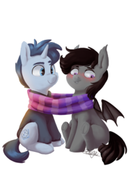 Size: 3102x4000 | Tagged: safe, alternate version, artist:pucksterv, oc, oc only, oc:tesseract, oc:windwalker, bat pony, pony, unicorn, background removed, beanbrows, blushing, clothes, cute, eyebrows, female, male, scarf, scrunchy face, shared clothing, shared scarf, simple background, smiling, transparent background