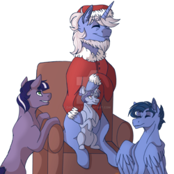 Size: 1280x1280 | Tagged: safe, artist:detoxx-retoxx, oc, oc only, oc:crystal wand, oc:dusk star, oc:penumbra, oc:silver lining, earth pony, pegasus, pony, unicorn, kindverse, armchair, chair, christmas, clothes, costume, grandfather and grandchild, hat, holiday, offspring, offspring's offspring, parent:oc:moonbow, parent:oc:night valley, parent:oc:orange soda, parent:oc:starstruck, parent:silver script, parent:twilight sparkle, parents:twiscript, santa costume, santa hat