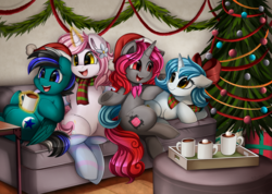 Size: 3509x2500 | Tagged: safe, artist:pridark, oc, oc only, oc:astral synthesis, oc:cerulean snow, oc:faded vision, oc:lavender sketch, pegasus, pony, unicorn, bow, chocolate, christmas, clothes, commission, couch, female, food, group, hair bow, hat, high res, holiday, hot chocolate, magic, male, mare, marshmallow, mug, present, santa hat, scarf, sitting, smiling, socks, stallion, striped socks, telekinesis