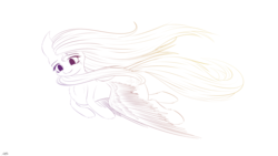 Size: 4800x2700 | Tagged: safe, artist:maneingreen, fluttershy, pegasus, pony, g4, chest fluff, female, flying, lineart, solo, windswept mane, wings