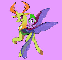 Size: 1920x1833 | Tagged: safe, artist:toxiccaves, spike, thorax, changedling, changeling, dragon, g4, duo, flying, king thorax, looking at you, looking back, looking back at you, male, purple background, simple background, underhoof