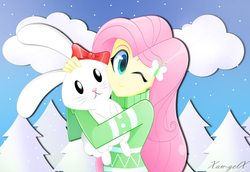 Size: 3264x2248 | Tagged: safe, artist:xan-gelx, angel bunny, fluttershy, equestria girls, g4, clothes, cloud, cute, evergreen tree, female, high res, one eye closed, shyabetes, sky, snow, snow-covered tree, sweater, tree