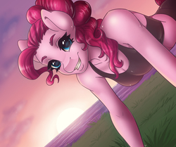 Size: 4724x3942 | Tagged: safe, artist:pitchyy, pinkie pie, anthro, g4, breasts, busty pinkie pie, cleavage, clothes, female, looking at you, smiling, solo, sunset