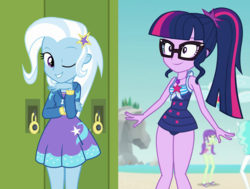 Size: 1178x890 | Tagged: safe, edit, screencap, sci-twi, trixie, twilight sparkle, equestria girls, equestria girls series, forgotten friendship, g4, clothes, cropped, female, lesbian, ship:sci-twixie, ship:twixie, shipping, shipping domino, swimsuit