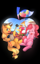 Size: 1200x1920 | Tagged: safe, artist:dorokuma_angie, apple bloom, applejack, pinkie pie, earth pony, pony, g4, apple, balloon, female, filly, food, mare
