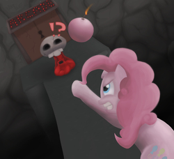 Size: 2103x1920 | Tagged: safe, artist:im not sue, pinkie pie, earth pony, pony, g4, bomb, crossover, exclamation point, host (the binding of isaac), interrobang, question mark, the binding of isaac, weapon