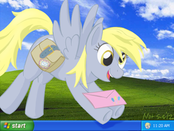 Size: 640x480 | Tagged: safe, artist:im not sue, derpy hooves, pegasus, pony, g4, bliss wallpaper, bliss xp, female, letter, love letter, mailbag, microsoft windows, saddle bag, smiling, solo, webcore, windows xp