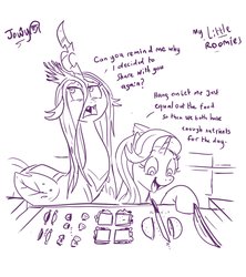 Size: 2062x2320 | Tagged: safe, artist:jowyb, queen chrysalis, starlight glimmer, changeling, changeling queen, pony, unicorn, series:my little roomie, g4, cooking, duo, equality, female, high res, lineart, mare, monochrome, roommates, that pony sure does love equality