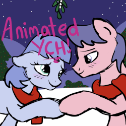 Size: 849x849 | Tagged: safe, artist:lannielona, advertisement, animated, barely animated, blushing, bush, caption, christmas, christmas lights, clothes, commission, eye shimmer, female, gif, gif with captions, holiday, lights, male, mare, mistletoe, night, romantic, scarf, sketch, sky, snow, stallion, straight, tree, winter, your character here
