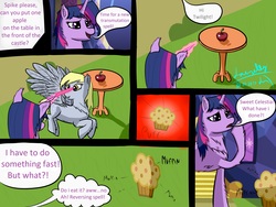 Size: 3200x2400 | Tagged: safe, derpy hooves, twilight sparkle, pegasus, pony, unicorn, g4, apple, castle, comic, derpy is a muffin, engrish, food, food transformation, high res, magic, muffin, muffin hooves, old art, spell, table, transformation, transmutation, what has magic done