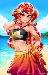 Size: 750x1160 | Tagged: safe, artist:racoonsan, sunset shimmer, human, equestria girls, equestria girls series, forgotten friendship, adorasexy, armpits, beach, beach babe, beautiful, beautisexy, belly button, bikini, bikini babe, black swimsuit, bracelet, breasts, busty sunset shimmer, clothes, cloud, cute, cutie mark swimsuit, female, geode of empathy, hand on hip, human coloration, humanized, jeweled swimsuit, jewelry, looking at you, magical geodes, midriff, necklace, praise the sunset, sand, sarong, sexy, shimmerbetes, sky, smiling, solo, stupid sexy sunset shimmer, summer sunset, sunset selfie, swimsuit, water