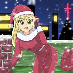 Size: 2952x2952 | Tagged: safe, artist:sumin6301, applejack, equestria girls, g4, chimney, christmas, church, clothes, costume, cross, female, high res, holiday, night, santa costume, snow, solo