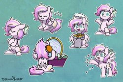 Size: 1687x1125 | Tagged: safe, artist:dawnfire, oc, oc only, oc:iridescent flings, pegasus, pony, abstract background, apron, bow, chef's hat, clothes, commission, cookie, cute, expressions, female, food, hair bow, hairbrush, hat, mare, mirror, ocbetes, shrug, simple background, sitting, sleeping, smiling, solo, spread wings, telegram sticker, wings