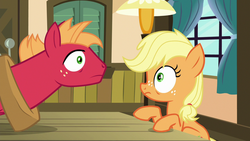 Size: 1280x720 | Tagged: safe, screencap, applejack, big macintosh, earth pony, pony, g4, where the apple lies, brother and sister, duo, female, hooves on the table, male, shocked expression, shrunken pupils, siblings, sweet apple acres, teenage applejack, teenage big macintosh, teenager, wrinkle, wrinkled eyes, younger