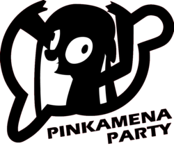 Size: 917x783 | Tagged: safe, pinkie pie, earth pony, pony, balloon party, pinkamena party, g4, derp, female, insanity face, knife party, logo, mare, music, parody, pinkamena diane pie, simple background, smiling, solo