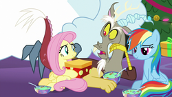 Size: 1280x720 | Tagged: safe, screencap, discord, fluttershy, rainbow dash, draconequus, pony, winterchilla, winterzilla, g4, my little pony best gift ever, food, hearth's warming tree, present, pudding, spoon, the true gift of gifting, tree