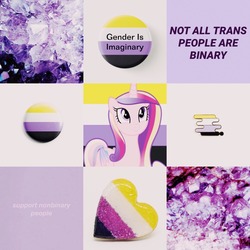 Size: 1280x1280 | Tagged: safe, princess cadance, alicorn, pony, g4, aesthetics, chunky eyelashes, colored wings, colored wingtips, comments locked down, crystal, folded wings, gender headcanon, gradient wings, happy, headcanon, heart, illustration, lgbt, lgbt headcanon, lgbtq, moodboard, nonbinary, nonbinary pride flag, pin, pride, pride flag, smiling, solo, text, transgender, wings