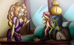 Size: 2800x1700 | Tagged: safe, artist:elmutanto, adagio dazzle, sunset shimmer, oc, oc:rally flag, equestria girls, angry, blushing, cafe, clothes, couch, crown, crown of aphrosia, fingerless gloves, glass, gloves, jewelry, pointing, regalia