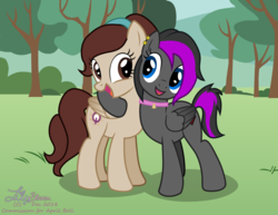 Size: 1880x1453 | Tagged: safe, artist:lilybloom, oc, oc:april bell, oc:sunnie bell, pegasus, pony, bell, bell collar, bush, collar, ear piercing, female, hairband, hug, mare, mother and daughter, outdoors, piercing, smiling, tree