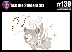 Size: 800x584 | Tagged: safe, artist:sintakhra, yona, yak, tumblr:studentsix, g4, bow, cloven hooves, cute, female, hair bow, monkey swings, monochrome, musical instrument, simple background, solo, song of my people, white background, yonadorable, yovidaphone