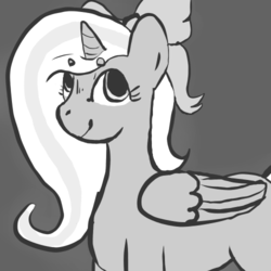Size: 500x500 | Tagged: safe, artist:laceylambs, oc, oc only, oc:fleurbelle, alicorn, pony, alicorn oc, black and white, bow, grayscale, hair bow, monochrome, simple background, solo