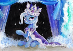 Size: 1024x712 | Tagged: safe, artist:lailyren, princess platinum, trixie, pony, unicorn, g4, cape, clothes, crown, female, hearth's warming eve, jewelry, mare, mixed media, raised hoof, regalia, solo, stage, traditional art