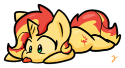 Size: 793x433 | Tagged: safe, artist:zutcha, sunset shimmer, pony, unicorn, equestria girls, g4, :p, cute, female, filly, filly sunset shimmer, hnnng, lying, lying down, prone, shimmerbetes, silly, simple background, solo, sploot, tongue out, transparent background, younger