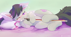 Size: 1800x944 | Tagged: safe, artist:ancesra, octavia melody, earth pony, pony, g4, blushing, bow (instrument), cute, ear fluff, female, fluffy, mare, on side, one eye closed, pillow, solo, tavibetes, underhoof, wink