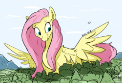 Size: 720x487 | Tagged: safe, artist:greyscaleart, artist:taurson, fluttershy, bird, pegasus, pony, g4, collaboration, female, forest, giant pony, looking at something, looking down, looking sideways, macro, mare, sky, smiling, spread wings, three quarter view, tree, wings