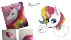 Size: 1210x678 | Tagged: safe, artist:itzdatag0ndray, oc, oc only, pony, unicorn, balloon, birthday, bust, ear fluff, eyeshadow, makeup, rainbow hair, simple background, solo, sparkles, unicorn oc