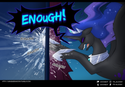 Size: 1200x837 | Tagged: safe, artist:cosmalumi, nightmare moon, alicorn, pony, tumblr:ask queen moon, g4, alternate universe, eyes closed, female, hoof shoes, mare, shattered glass, solo, yelling