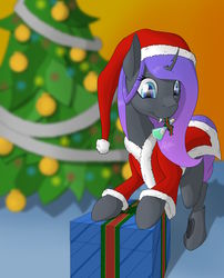 Size: 1999x2480 | Tagged: safe, artist:settop, oc, oc:viciz, changeling, changeling oc, christmas, christmas changeling, female, hearth's warming tree, holiday, mare, potion, present, purple changeling, smiling, tree