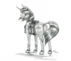 Size: 1024x880 | Tagged: safe, artist:baron engel, oc, oc only, oc:last thing, pony, unicorn, butt, death stare, female, glare, grayscale, horseshoes, mare, monochrome, pencil drawing, plot, saddle bag, simple background, solo, story included, traditional art, unamused, white background