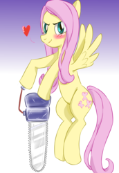 Size: 1100x1600 | Tagged: safe, artist:tastyrainbow, fluttershy, pegasus, pony, .mov, shed.mov, g4, blushing, chainsaw, cute, female, fluttershed, gradient background, heart, mare, pony.mov, solo