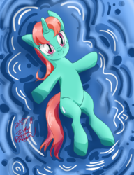 Size: 1000x1300 | Tagged: safe, artist:tastyrainbow, pony, unicorn, blushing, cute, happy, red eyes, red hair, solo, water