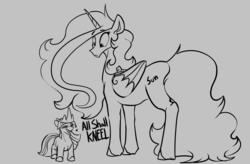 Size: 1280x838 | Tagged: dead source, safe, artist:greyscaleart, princess celestia, twilight sparkle, alicorn, pony, unicorn, the tiny apprentice, g4, accessory theft, alternate cutie mark, crown, cute, editorial cutie mark, eyebrows, eyebrows visible through hair, female, filly, grayscale, jewelry, lineart, mare, monochrome, regalia, smol, speech, talking, this will end in conquest, twiabetes, tyrant sparkle, unicorn twilight, worried